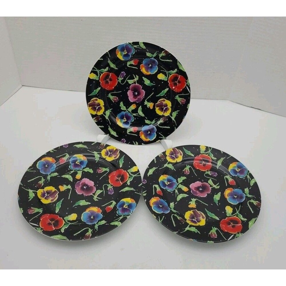 Set 3 Dept 56 Salad Dessert Plates Pansies Popprint 1988 Japan 7.5"